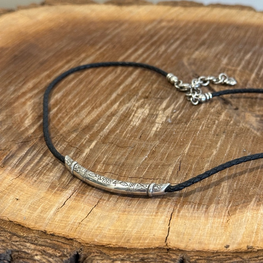Brighton - Silver Floral Tube Pendant on Black Leather Cord Necklace